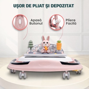 Premergător Roz Multifuncțional,6-24 Luni, cu Mâner Parental, Lumini LED 360°,cu Muzică și Jucării - Img 2