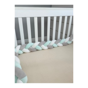 Protectie Laterala Pentru Patut Bebe, Bumper Impletit, Bumbac, Verde, Gri, Alb 2m - Img 2