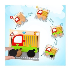 Puzzle din Lemn pentru Copii, Camion, 5 Piese, 15 cm x 15 cm, Multicolor - Img 2