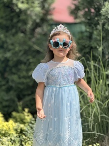 Rochie Fetite Carnaval, Printesa, Tull/Saten, Bleu, Sclipici Albastru, Accesoriu Pelerina - Img 3