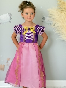 Rochie Fetite Carnaval, Printesa, Tull/Saten, Roz si Mov, Sclipici Auriu, Accesoriu Brosa Mov