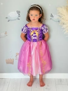 Rochie Fetite Carnaval, Printesa, Tull/Saten, Roz si Mov, Sclipici Auriu, Accesoriu Brosa Printesa - Img 4