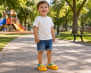Saboți Copii Galbeni cu Model Ursuleț , Spumă, Antiderapanți, Bareta Reglabilă - Img 2