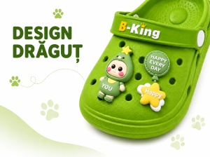Saboți Copii Tip Crocs cu Personaj 3D, Balon și Stea Decorativa, Baretă Reglabilă, Talpă Antiderapantă, Verde - Img 6