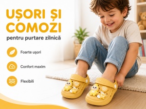 Saboți Copii Tip Crocs cu Personaj 3D, Balon și Stea Decorativa, Baretă Reglabilă, Talpă Antiderapantă, Galben - Img 11