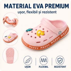 Saboți Copii Tip Crocs din Spumă cu Accesorii 3D Detașabile, Baretă Reglabilă, Talpă Antiderapantă, Roz - Img 4
