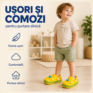 Saboți Copii Tip Crocs din Spumă cu Accesorii 3D Detașabile, Baretă Reglabilă, Talpă Antiderapantă, Galben - Img 7