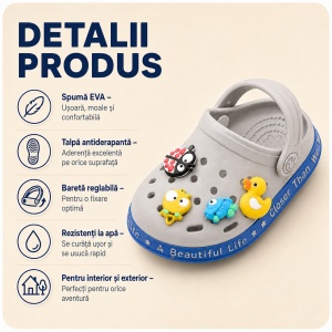 Saboți Copii Tip Crocs din Spumă cu Accesorii 3D Detașabile și Baretă Reglabilă, Gri - Img 2