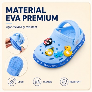 Saboți Copii Tip Crocs din Spumă cu Accesorii 3D Detașabile și Baretă Reglabilă, Albastru Deschis - Img 5