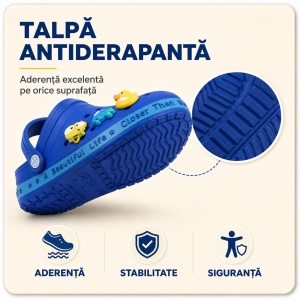 Saboți Copii Tip Crocs din Spumă cu Accesorii Detașabile și Baretă Reglabilă, Albastru Închis - Img 6