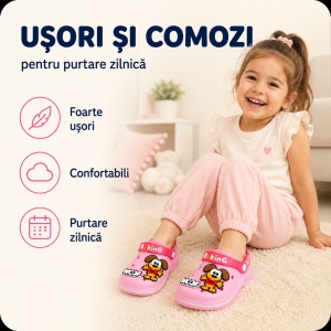 Saboți Copii Tip Crocs din Spumă cu Cățeluș 3D, Baretă Reglabilă, Talpă Antiderapantă, Roz - Img 7