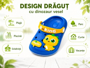 Saboți Copii Tip Crocs din Spumă cu Dinozaur 3D Galben, Baretă Reglabilă, Talpă Antiderapantă, Albastru - Img 9