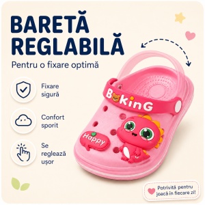 Saboți Copii Tip Crocs din Spumă cu Dinozaur 3D Roz, Baretă Reglabilă, Talpă Antiderapantă, Roz - Img 3