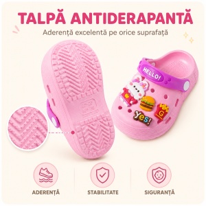 Saboți Copii Tip Crocs din Spumă cu Iepuraș 3D și Accesorii Decorative, Baretă Reglabilă, Talpă Antiderapantă, Roz - Img 6