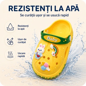Saboți Copii Tip Crocs din Spumă cu Iepuraș 3D și Curcubeu Decorativ, Baretă Reglabilă, Talpă Antiderapantă, Galben - Img 5