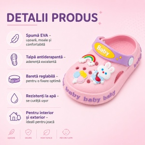Saboți Copii Tip Crocs din Spumă cu Iepuraș 3D și Curcubeu Decorativ, Baretă Reglabilă, Talpă Antiderapantă, Roz - Img 2
