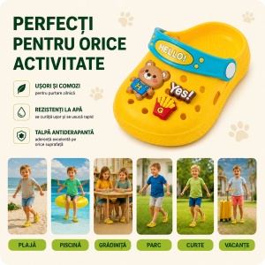Saboți Copii Tip Crocs din Spumă cu Ursuleț 3D și Accesorii Decorative, Baretă Reglabilă, Talpă Antiderapantă, Galben - Img 9