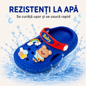Saboți Copii Tip Crocs din Spumă cu Ursuleț 3D și Curcubeu Decorativ, Baretă Reglabilă, Talpă Antiderapantă, Albastru - Img 4
