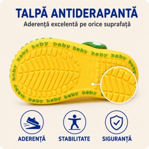 Saboți Copii Tip Crocs din Spumă cu Ursuleț 3D și Curcubeu Decorativ, Baretă Reglabilă, Talpă Antiderapantă, Galben - Img 6