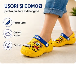 Saboți Copii Tip Crocs din Spumă EVA cu Cățeluș 3D, Baretă Reglabilă, Talpă Antiderapantă, Galben - Img 3