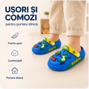 Saboți Copii Tip Crocs din Spumă EVA cu Dino Baby 3D și Accesorii Decorative, Baretă Reglabilă, Talpă Antiderapantă, Albastru - Img 3