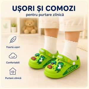 Saboți Copii Tip Crocs din Spumă EVA cu Dino Baby 3D și Accesorii Decorative, Baretă Reglabilă, Talpă Antiderapantă, Verde - Img 7