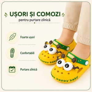 Saboți Copii Tip Crocs din Spumă EVA cu Girafă 3D, Baretă Reglabilă, Talpă Antiderapantă, Galben - Img 8