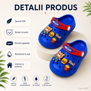 Saboți Copii Tip Crocs din Spumă EVA cu Ursuleț 3D și Accesorii Decorative, Baretă Reglabilă, Talpă Antiderapantă, Albastru - Img 10