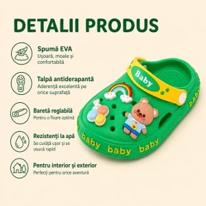 Saboți Copii Tip Crocs din Spumă EVA cu Ursuleț 3D și Curcubeu Decorativ, Baretă Reglabilă, Talpă Antiderapantă, Verde - Img 2