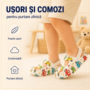 Saboți Copii Tip Crocs din Spumă, Model Decupat cu Mașinuțe Colorate, Baretă Reglabilă, Alb - Img 7