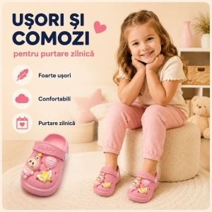 Saboți Copii Tip Crocs ,Spuma cu Personaj 3D, Balon și Stea Decorativa, Baretă Reglabilă, Talpă Antiderapantă, Roz - Img 9