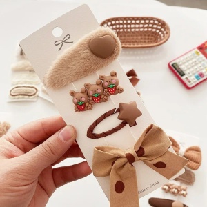 Set 4 Agrafe pentru fetite, Clips, Fundita Crem cu Buline, Ursuleti si Inima