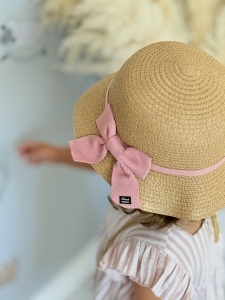 Set Palarie Si Gentuta Pentru Fetite, din Paie, 54 cm, Nude cu Funda Roz - Img 3