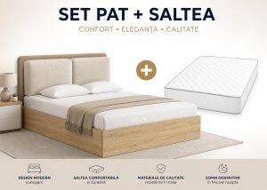 SET Pat LUX DOMINO – Sonoma/Bej 160 x 200 cm + Saltea Lux Ortopedica, Arcuri Bonnell si Spuma Poliuretanica 160 x 200 cm