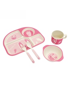 Set Pentru Diversificare Copii, Fibra Bambus, Iepure, 5 Piese, Roz
