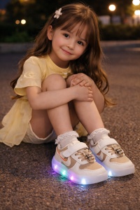 Sneakers Sport Copii Crem-Alb cu LED, Talpă Flexibilă și Accesoriu Ursuleț - Img 2
