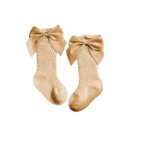 Sosete Lungi pentru Fete, cu Fundite din Saten, Bumbac, Nude, Marime 25