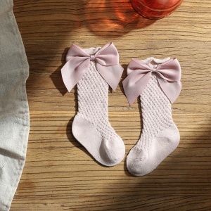 Sosete Lungi pentru Fete, cu Fundite din Saten, Bumbac, Roz, Marime 25 - Img 2