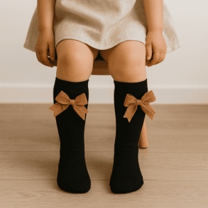 Sosete pentru Copii, Negru, Model cu Funda Mustar, Bumbac, 2-5 ani