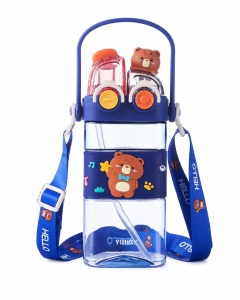 Sticla de Apa 2 in 1, cu Pai, Bareta si Maner, Albastru, Plastic, 450 ml