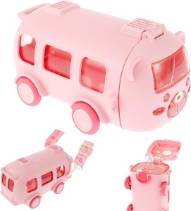 Sticla pentru apa Autobuz, model Autobuz Ursulet, Plastic, Roz, 500 ml
