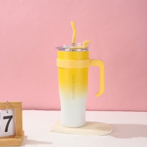 Termos pentru Adulti, cu Maner si Pai, Otel Inoxidabil, Galben, 1.2 L