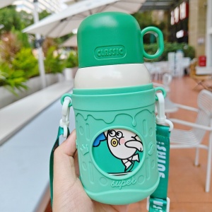 Termos pentru Copii cu Pai, Capac Transformabil in Cana, Verde, 500 ml