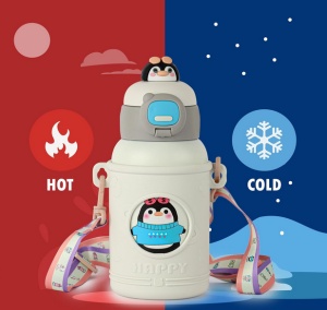 Termos pentru Copii, cu Pai si Bareta, Alb, Model Pinguin, 500 ml - Img 3