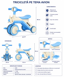 Tricicletă de Echilibru Albastru-Alb cu Design Avion, pentru Copii 1-3 Ani - Img 3