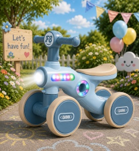 Tricicletă de Echilibru Crem – Albastru pentru Copii, 4 Roți, Muzică și Lumini LED, 1-3 Ani - Img 3