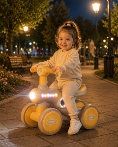 Tricicletă de Echilibru Crem – Galben pentru Copii, 4 Roți, Muzică și Lumini LED, 1-3 Ani - Img 4