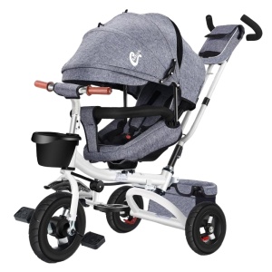 Tricicleta Pentru Copii, Scaun Pivotant la 360, Spatar cu 3 Pozitii, Gri/Alb