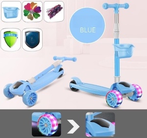 Trotineta Pliabila 2 in 1, cu Sezut Rabatabil, Cosulet si Luminite, Blue, 2 ani+ - Img 2