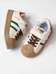 Adidași Copii Tip Superstar, cu Scai și Șireturi, Talpă Antiderapantă, Model Casual Sport, Alb cu Verde si Maro - Img 4